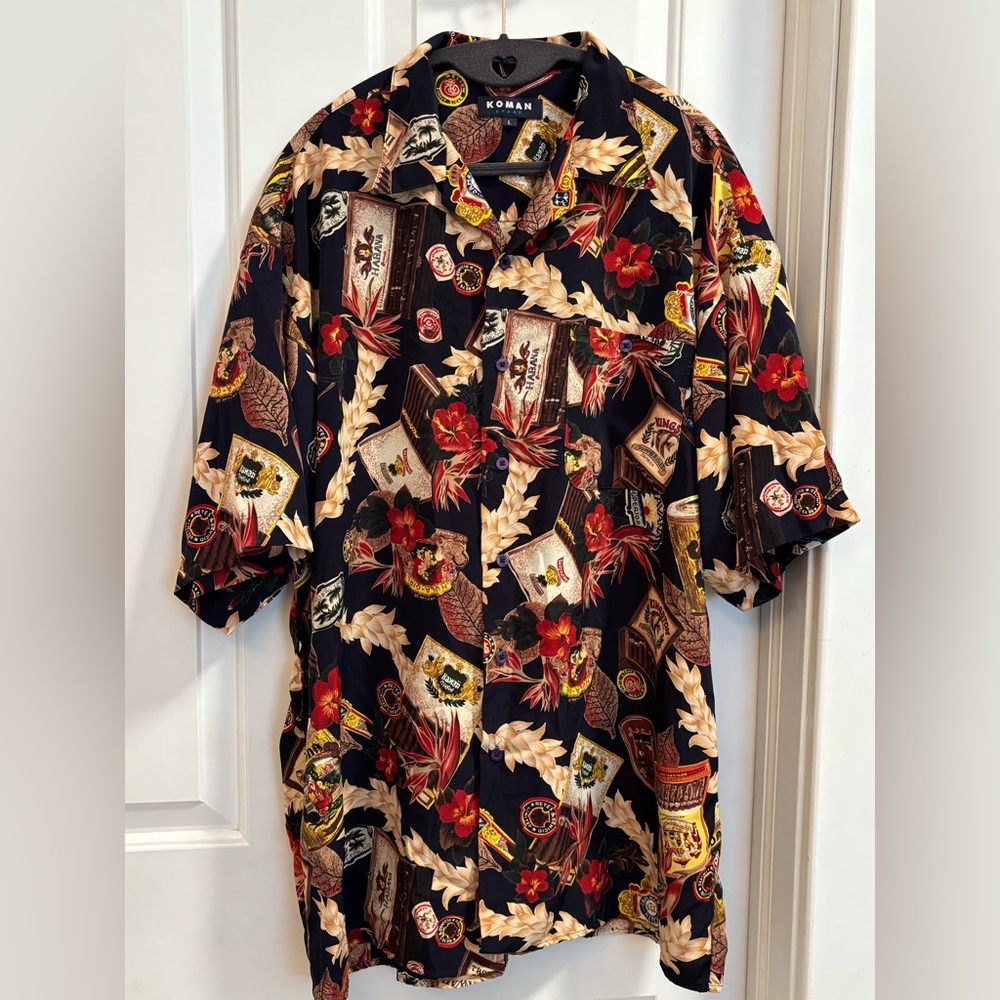 Vintage Koman Sport Hawaiian Shirt Men’s Large Tropical Cigar Print Made Korea